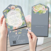 Invitation Tout En Un Code QR Mariage bleu Dusty