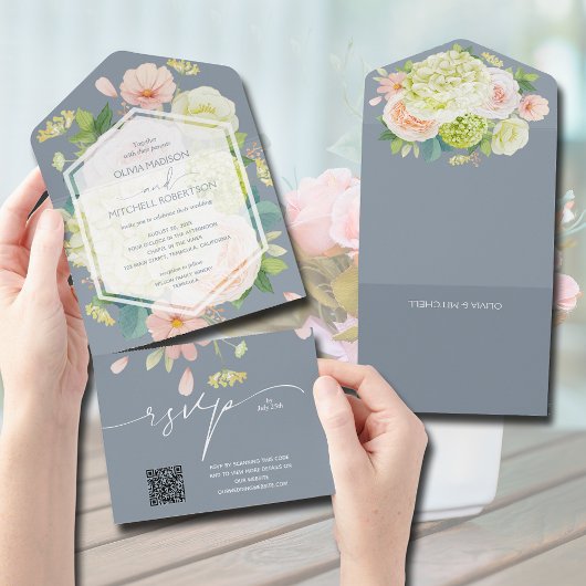 Invitation Tout En Un Code QR Mariage bleu Dusty