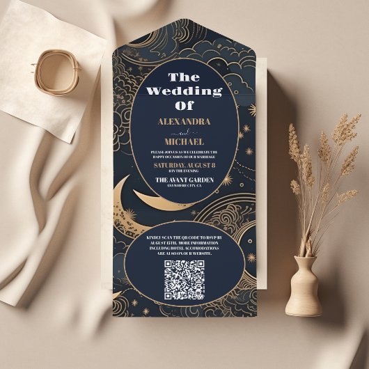 Invitation Tout En Un Code QR Mariage Céleste Bleu Nuit Or