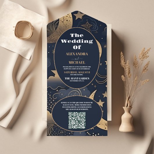 Invitation Tout En Un Code QR Mariage Céleste Bleu Nuit Or
