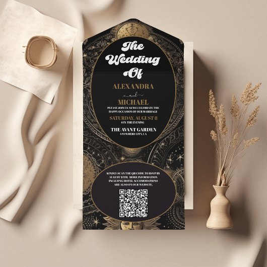 Invitation Tout En Un Code QR Mariage Céleste Noir Or
