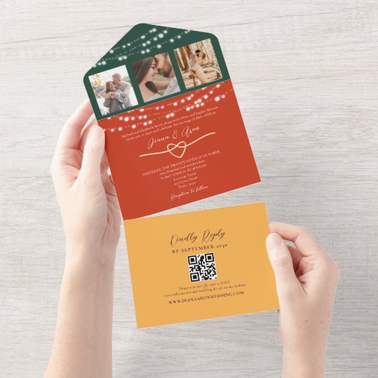 Invitation Tout En Un Code QR Mariage Chic String Lights (Déchirure)