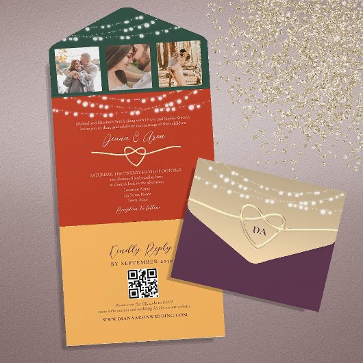 Invitation Tout En Un Code QR Mariage Chic String Lights