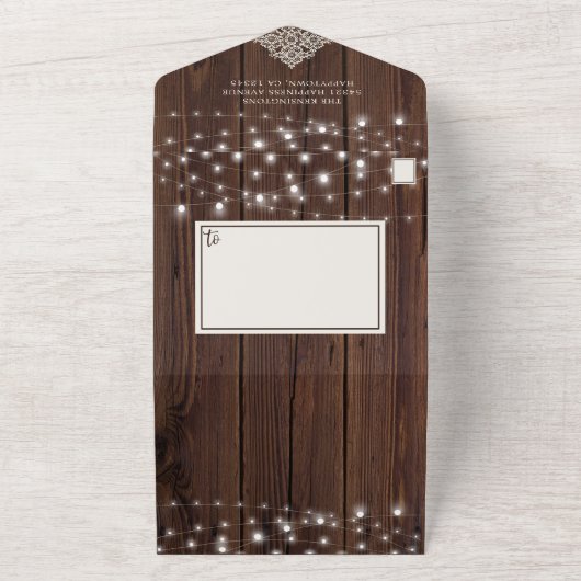 Invitation Tout En Un Code QR Mariage de dentelle de bois rustique (Dehors)