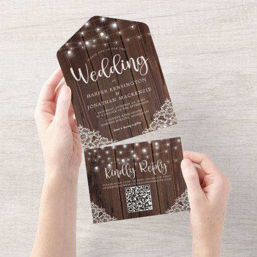 Invitation Tout En Un Code QR Mariage de dentelle de bois rustique (Déchirure)