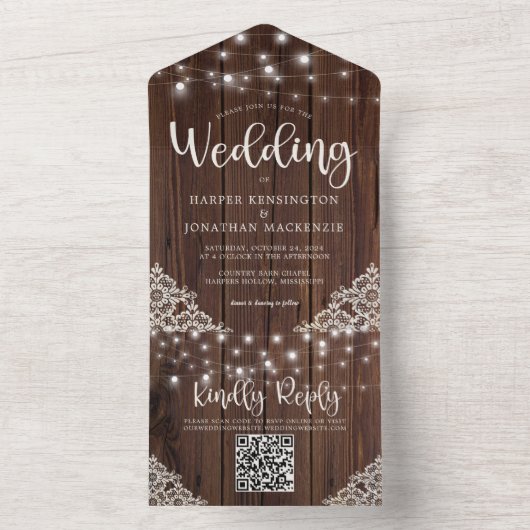 Invitation Tout En Un Code QR Mariage de dentelle de bois rustique (À l'intérieur)