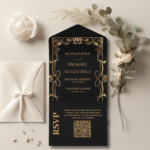 Invitation Tout En Un Code QR Mariage Élégant Art Nouveau