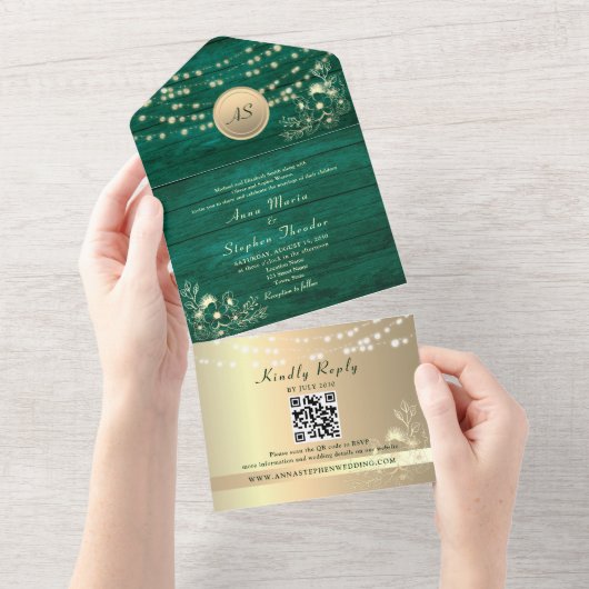 Invitation Tout En Un Code QR Mariage Emerald (Déchirure)