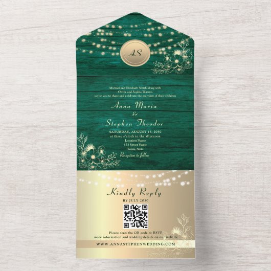 Invitation Tout En Un Code QR Mariage Emerald (À l'intérieur)