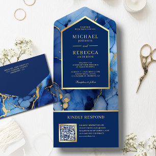 Invitation Tout En Un Code QR Mariage Encre Fluide Abstraite Or Bleu Roy