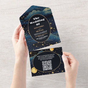 Invitation Tout En Un Code QR Mariage Étoiles Lune Bleu Céleste Minuit