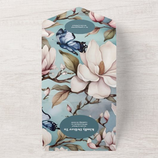 Invitation Tout En Un Code QR Mariage Fleurs Roses Magnolia Blush (Dehors)