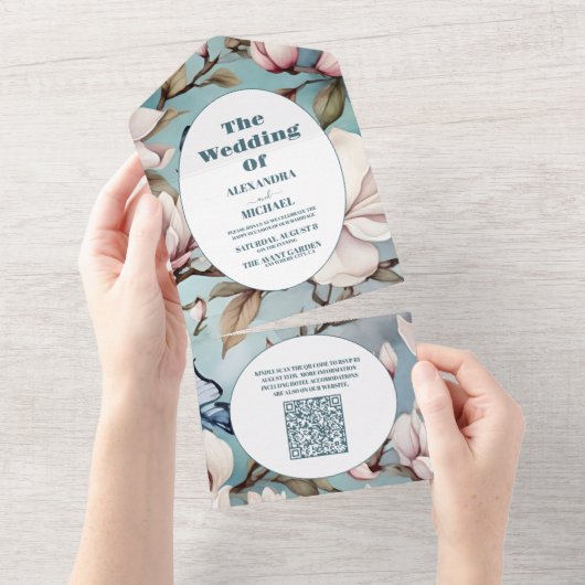 Invitation Tout En Un Code QR Mariage Fleurs Roses Magnolia Blush (Déchirure)