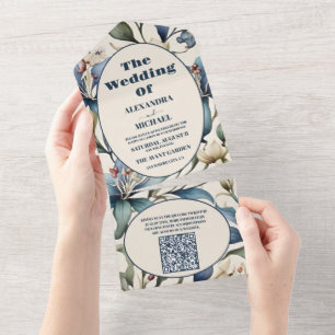 Invitation Tout En Un Code QR Mariage Floral Aquarelle William Morris