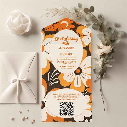 Invitation Tout En Un Code QR Mariage Floral Bohème Rétro