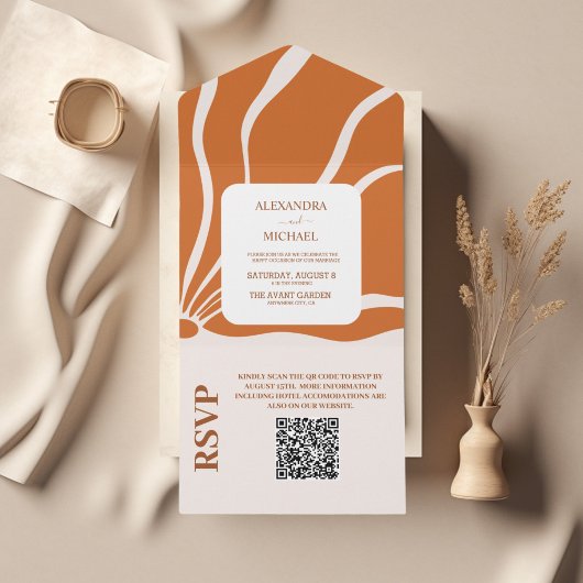 Invitation Tout En Un Code QR Mariage Floral Bohème Rétro