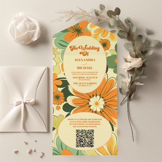 Invitation Tout En Un Code QR Mariage Floral Boho Rétro Groovy