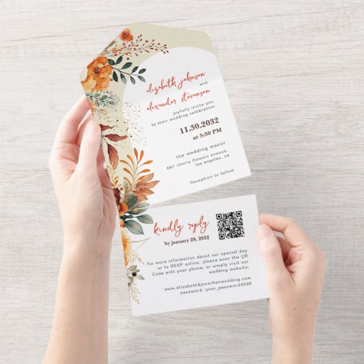 Invitation Tout En Un Code QR mariage floral élégant (Déchirure)