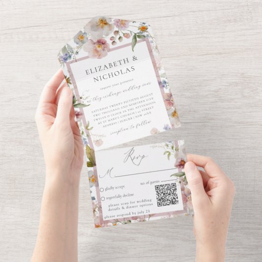 Invitation Tout En Un Code QR Mariage floral élégant (Déchirure)