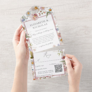 Invitation Tout En Un Code QR Mariage floral élégant