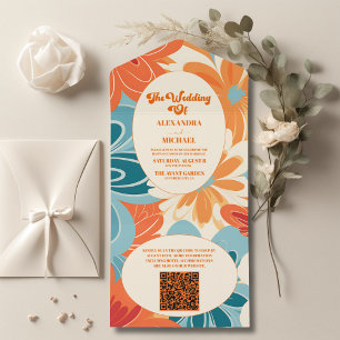 Invitation Tout En Un Code QR Mariage Floral Rétro Bohème Chic