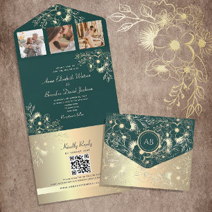Invitation Tout En Un Code QR Mariage Gold et Emerald Green