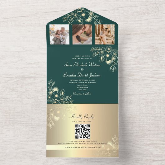 Invitation Tout En Un Code QR Mariage Gold et Emerald Green (À l'intérieur)
