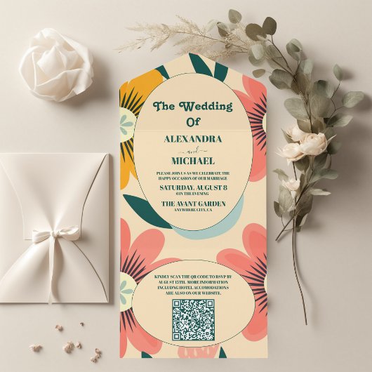 Invitation Tout En Un Code QR Mariage Groovy Rétro Rose & Or