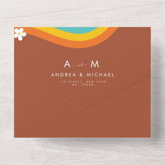 Invitation Tout En Un Code QR Mariage Hippie Rétro Groovy Daisy Rainbow (Verso)