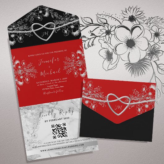 Invitation Tout En Un Code QR Mariage Noir et Rouge Gothique