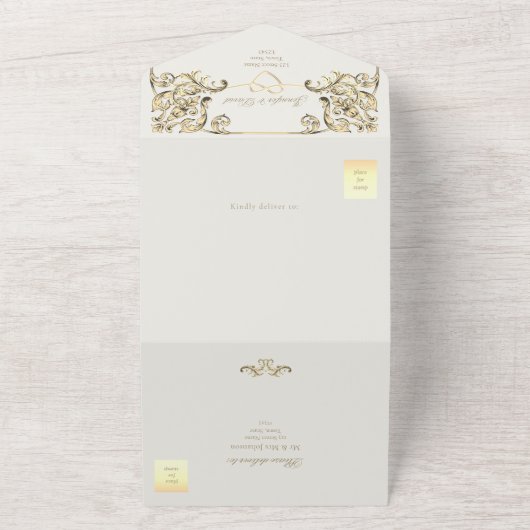 Invitation Tout En Un Code QR Mariage or baroque (Dehors)
