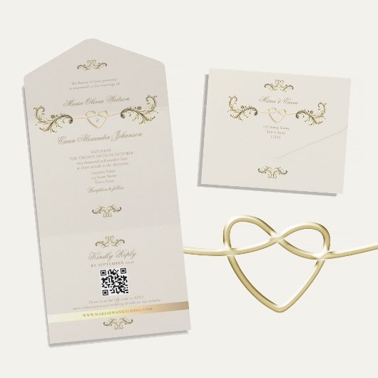 Invitation Tout En Un Code QR Mariage or baroque