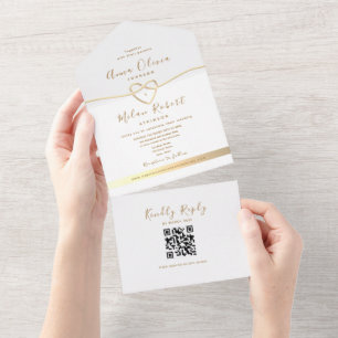 Invitation Tout En Un Code QR Mariage Or Blanc