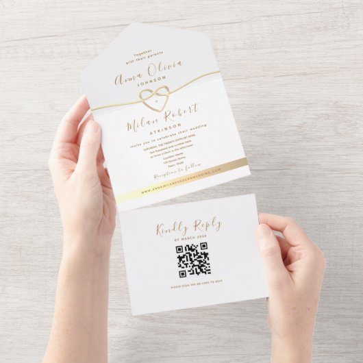 Invitation Tout En Un Code QR Mariage Or Blanc (Déchirure)