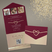 Invitation Tout En Un Code QR Mariage or et bourgogne