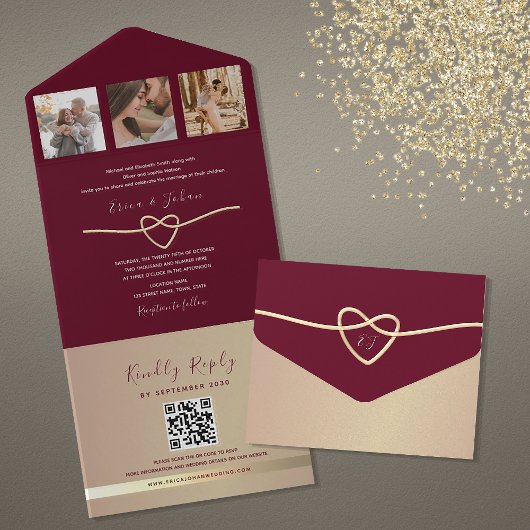 Invitation Tout En Un Code QR Mariage or et bourgogne