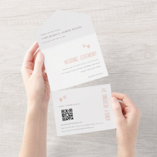 Invitation Tout En Un Code QR Mariage Pastel Dusky Pink Hearts minimum (Déchirure)