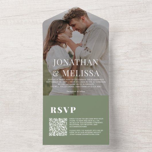 Invitation Tout En Un Code QR | Mariage photo Deep Sage Green Overlay (À l'intérieur)