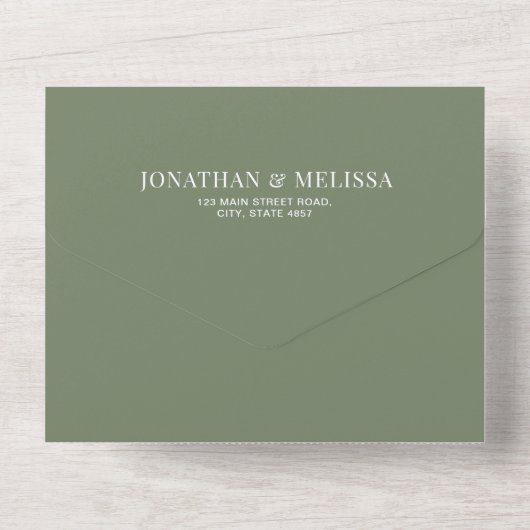 Invitation Tout En Un Code QR | Mariage photo Deep Sage Green Overlay (Verso)