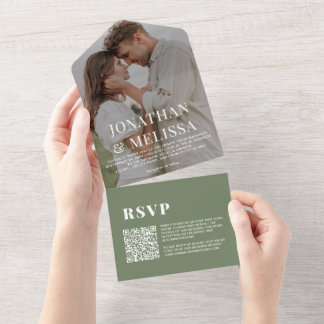 Invitation Tout En Un Code QR | Mariage photo Deep Sage Green Overlay