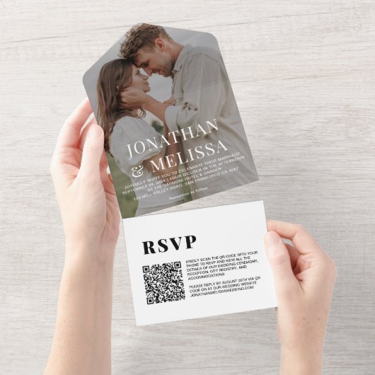 Invitation Tout En Un Code QR | Mariage photo simple blanc superposé (Déchirure)