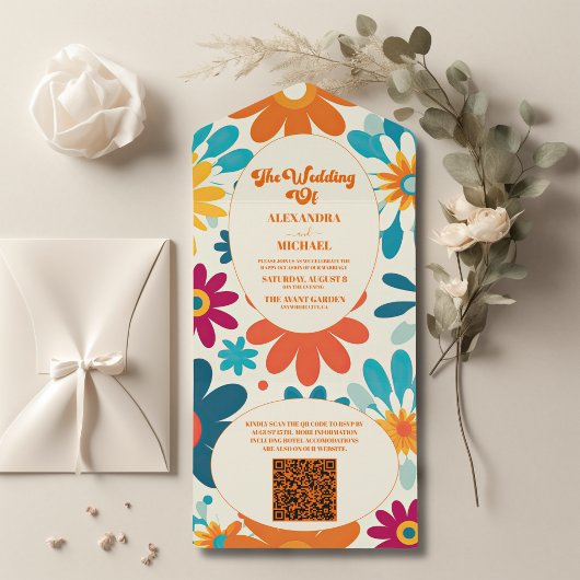 Invitation Tout En Un Code QR Mariage Rétro Moderne Fleur de Daisy des A