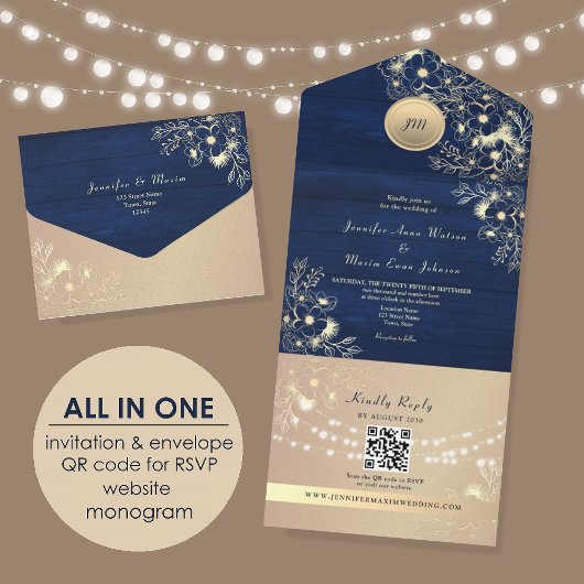 Invitation Tout En Un Code QR Mariage Rustique Navy Rose Gold
