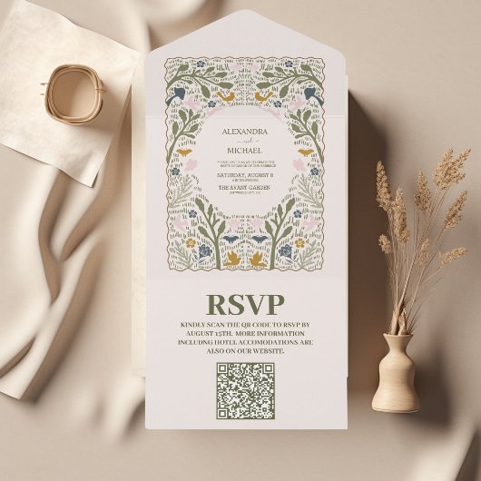 Invitation Tout En Un CODE QR Mariage Rustique Vert Fougère de la Forêt