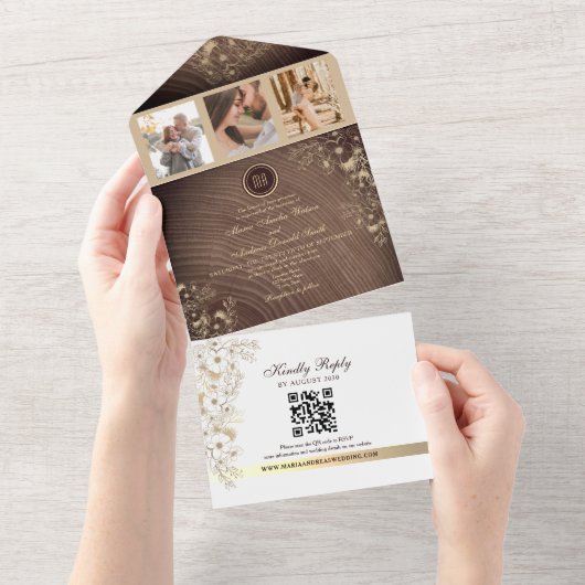Invitation Tout En Un Code QR Mariage Rustique Wood Grange (Déchirure)