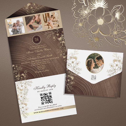Invitation Tout En Un Code QR Mariage Rustique Wood Grange
