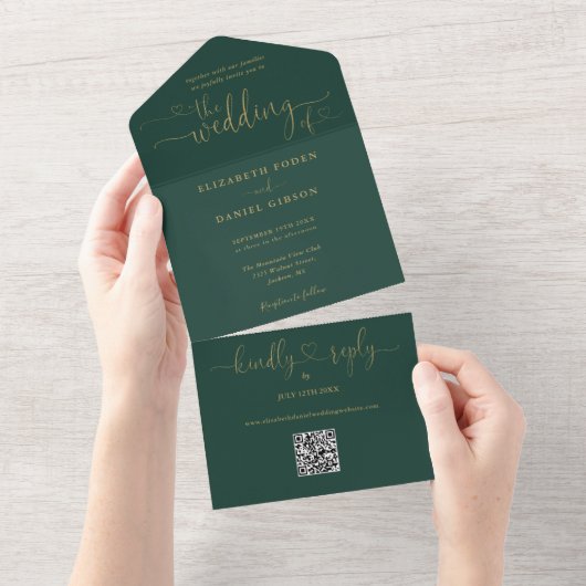 Invitation Tout En Un Code QR Mariage Script Hearts Emerald et Or (Déchirure)