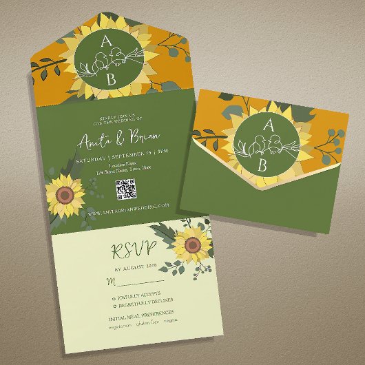 Invitation Tout En Un Code QR Mariage Tournesol Boho