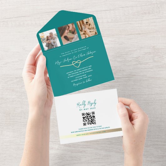 Invitation Tout En Un Code QR Mariage Turquoise moderne (Déchirure)