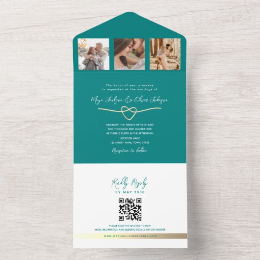Invitation Tout En Un Code QR Mariage Turquoise moderne (À l'intérieur)